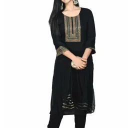 LIBOZA Women Black Embroidered Viscose Rayon Round Neck Kurta & Pant With Dupatta Set image 3