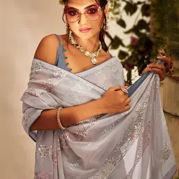 DIVASTRI Sequinned Striped Pure Georgette Saree with Satin Blouse Piece-picture-24