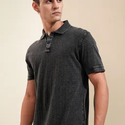 HIGHLANDER Men Self Design Polo Collar Cotton Slim Fit T-shirt image 3