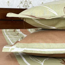 Marika Beige & Green Striped 200 TC King Bedsheet with 2 Pillow Covers image 2