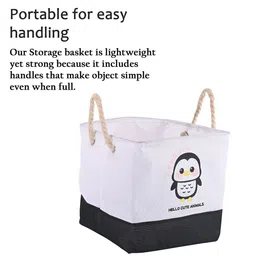 Aura 4Pc Black & White Penguin Printed Cotton Linen Storage Basket With Handle image 2