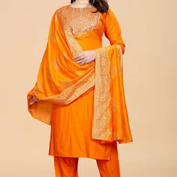 FVD Ethnic Motifs Yoke Design Round Neck Thread Work Straight Kurta With Salwar & Dupatta-picture-22