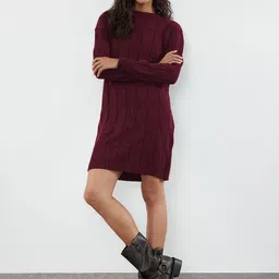 Trendyol Women Self Design Round Neck Full Sleeves Shift Dress-image-80