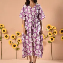 DIMPLE DESIGN STUDIO Floral Printed Pure Cotton Kimono Sleeves Kaftan Midi Dress image 2