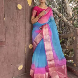 V3 FASHION STUDIO Tie and Dye Zari Organza Leheriya Saree-picture-13