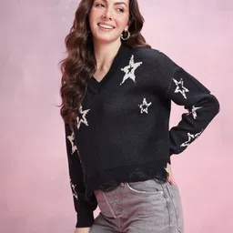 DressBerry Conversational Self Design V-Neck Pullover with Distressed Ribbed Hem image 3