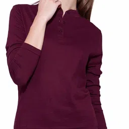 Women Solid Polo Neck Pure Cotton Maroon T-Shirt-image-18