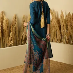 Anouk Women Embroidered Regular Chanderi Silk Straight Kurta with Trousers & Dupatta image 3