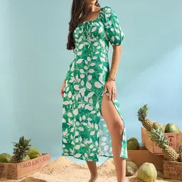 PANIT Women Floral Printed Seersucker Calf Length Side Slit Midi Fit & Flare Dress-image-19