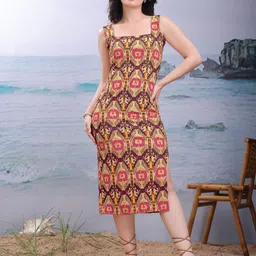 PURVAJA Women Brown Floral Printed Square Neck Slits Detail Bodycon Midi Dress-picture-11