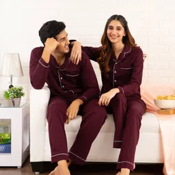 nite flite Men Top & Pyjama Set Maroon Solid image 5
