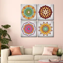999Store Set Of 4 Grey and Brown Indian Abstract Printed Canvas Mandala Wall Art-image-0