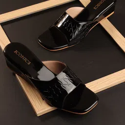 ICONICS Women Black Textured Wedge Sandals-image-37