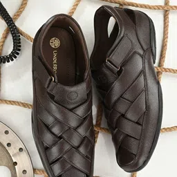 UNDERROUTE Men Brown Leather Shoe-Style Velcro Sandals-image-80