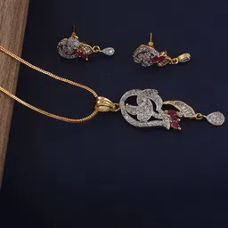 LUCKY JEWELLERY 18K Gold Plated American Diamond White and Ruby Jewellery Set-image-89