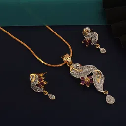 LUCKY JEWELLERY 18K Gold Plated American Diamond White and Ruby Jewellery Set-image-2