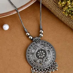 NAMAN ARTS Silver-Plated Oxidised Circular Pendant-picture-29