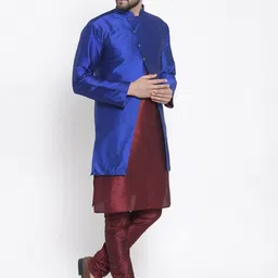 Kaifoo Men Maroon & Blue Layered Kurta with Churidar & Jacket image 3