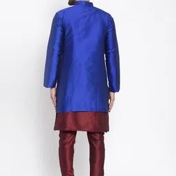 Kaifoo Men Maroon & Blue Layered Kurta with Churidar & Jacket image 2