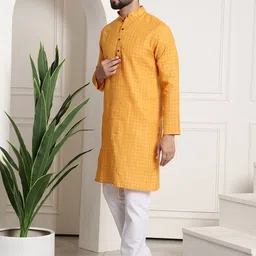 SOJANYA Men Mustard Yellow & White Woven Design Kurta with Churidar image 2