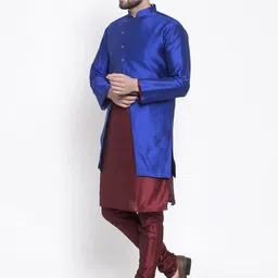 Kaifoo Men Maroon & Blue Layered Kurta with Churidar & Jacket image 4