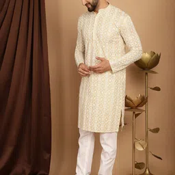 SOJANYA Geometric Embroidered Band Collar Long Sleeves Pure Cotton Kurta With Churidar image 5