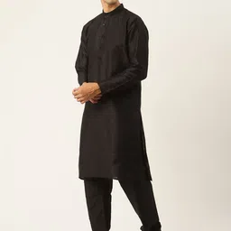 SOJANYA Men Black & Green Thread Work Kurta with Churidar image 5