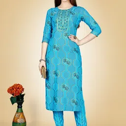 Rujave Floral Printed Thread Work Straight Kurta With Churidar image 5