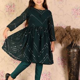 VASTRAMAY Girls Green Embroidered Mirror Work Kurta With Churidar-picture-32
