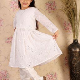VASTRAMAY Girls White Embroidered Mirror Work Kurta With Churidar-picture-25