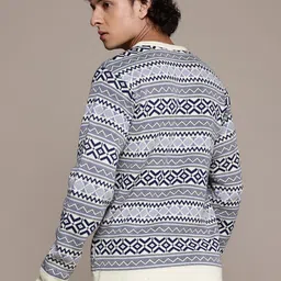 roadster Men Self Design Round Neck Black, White Sweater image 5