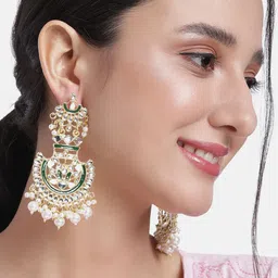 Peora Green & Gold-Toned Classic Stone Studded & Beaded Chandbalis Earrings-image-49