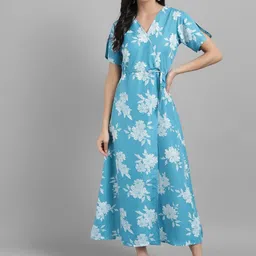 VANGULL Women Floral Printed V Neck Wrap Maxi Dress-image-75
