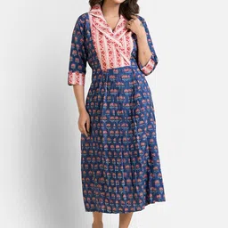 Crazy Needle Ethnic Motifs Printed Lapel Collar Cotton Fit & Flare Midi Dress-picture-14