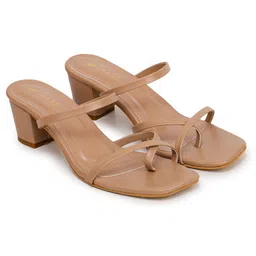 TRASE Women Beige Solid Synthetic Leather Square Toe Open Back Block Heels Sandals image 2