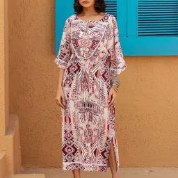 The Kaftan Company Women Geometric Printed Keyhole Neck Shift Midi Dress-image-82