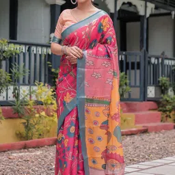 ALMAARI FASHION Floral Printed Zari Pure Linen Banarasi Saree With Unstitched Blouse Piece-picture-24