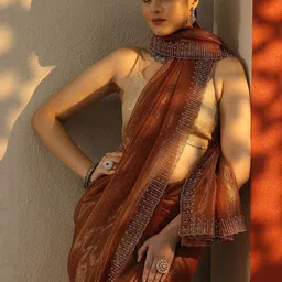 Libas Solid Embellished Saree With Blouse Piece-image-4