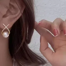 PolluxCraft Gold-Plated Pearls Beaded Contemporary Korean Studs image 5