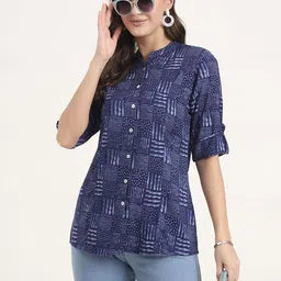 KALINI Print Mandarin Collar Roll-Up Sleeves Ethnic Shirt Style Top image 2
