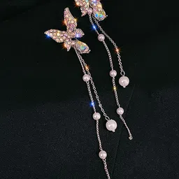 Anouk Korean Gold-Plated American Diamond Studded And Beaded Butterfly Drop Earrings image 3