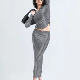 SHOWOFF Women Grey Embellished Acrylic Top & Skirt-picture-40