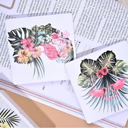 Storepedia 6 Pieces Green & White Flamingo Printed Square Wooden Coasters With Stand image 2