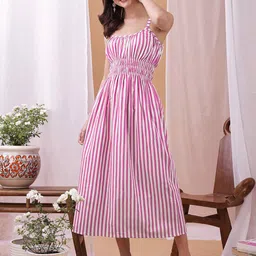 YANAMORA Women Striped Shoulder Straps Smoked A-Line Midi Dress-picture-22