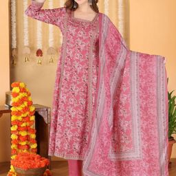 Anouk Floral Printed Sqaure Neck Panelled Anarkali Kurta With Trousers & Dupatta-picture-21