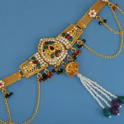 MEMOIR Gold plated Pear shape Faux Kundan Ruby Kamarpatta Waistbelt Jewellery Set-image-49