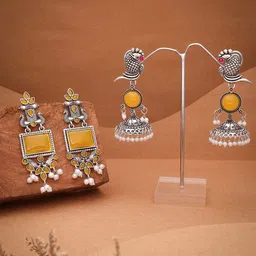Anouk Set Of 2 Silver-Plated Artificial Stones and Beaded Contemporary Drop Earrings-image-63