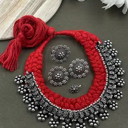 NAMAN ARTS Shilpi Threaded Silver-Plated Oxidised Necklace Jewellery Set-picture-11