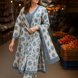 Lookmark Women Floral Printed A-Line Kurta with Trousers & Dupatta image 2