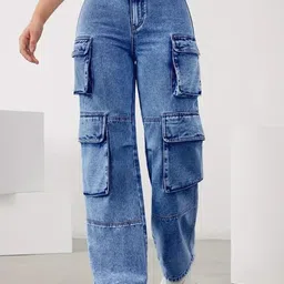 Crazeis Women Comfort Wide Leg High-Rise Light Fade Acid Wash Cargo Styles Jeans-image-37